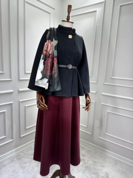 Kaşe Kumaş Kemerli Panço Siyah