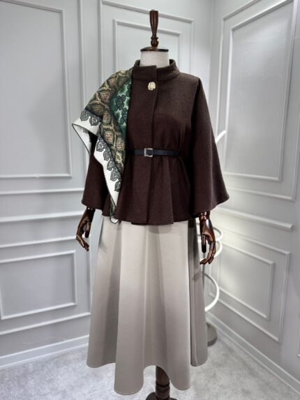 Kaşe Kumaş Kemerli Panço Kahve